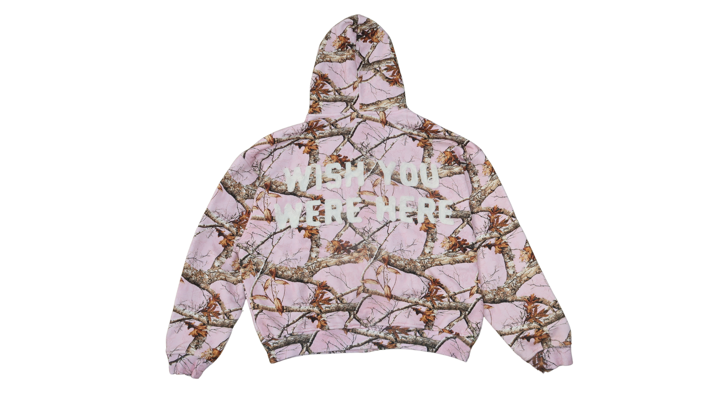 "Wish You Were Here" Blush Camo Zip Hoodie